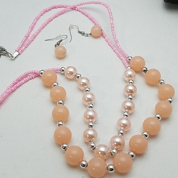 Pink Peach Silver Beaded 20" Necklace & Earrings - Picture 2 of 2